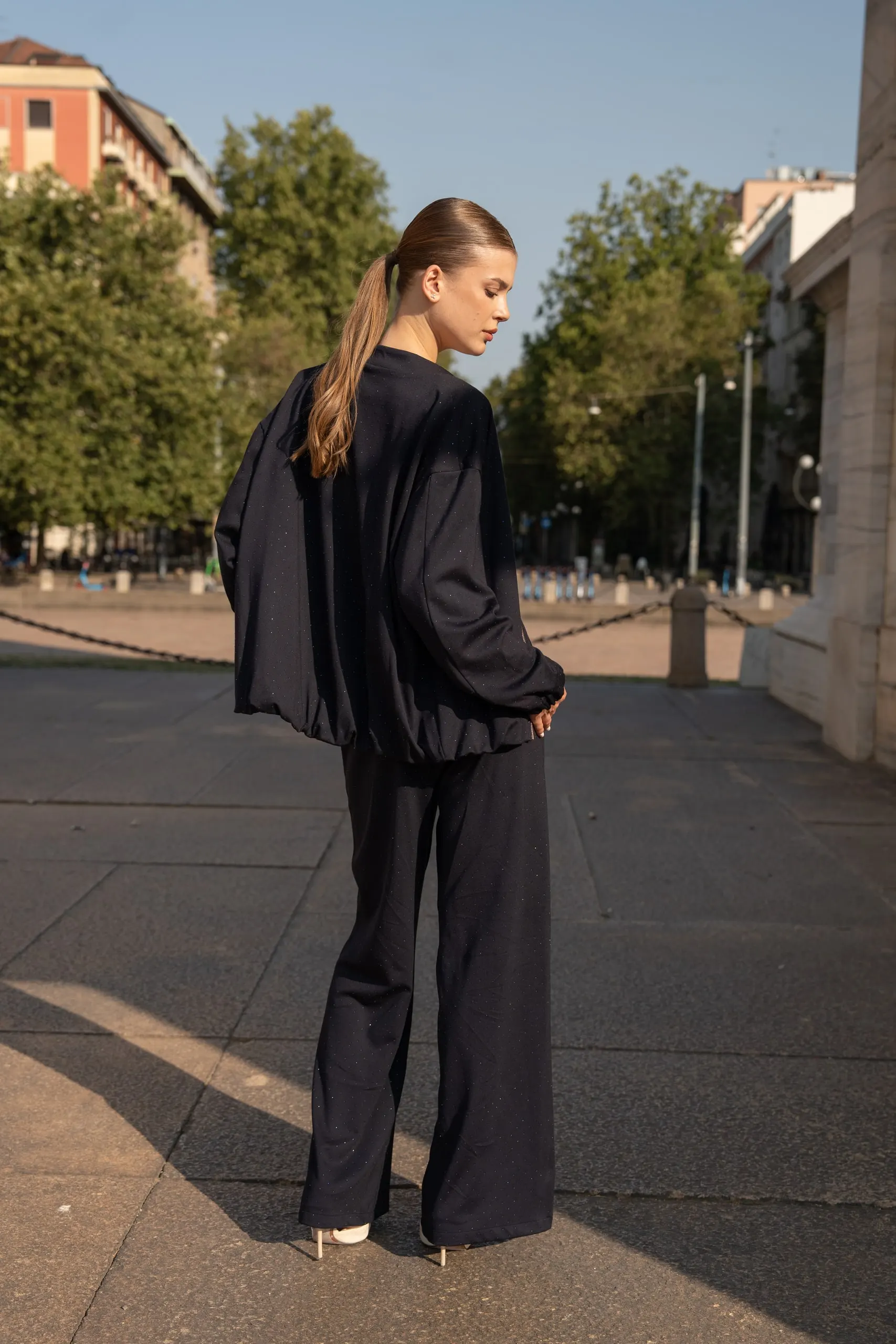 Atelier èmi — navy blouse and wide trousers
