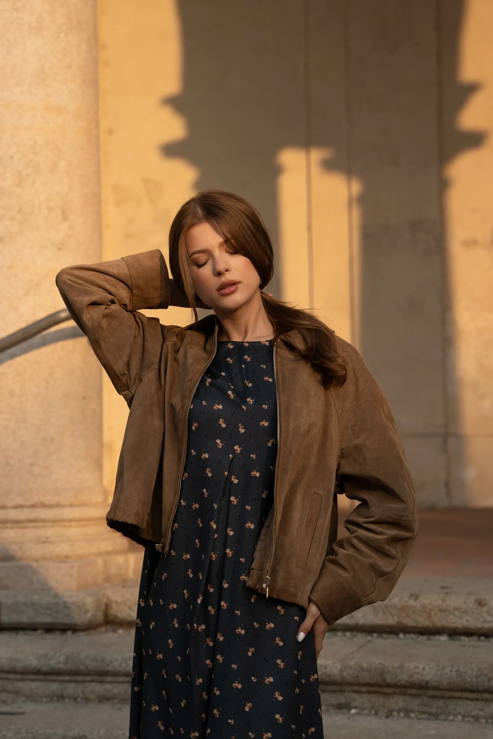 Atelier èmi — suede jacket over a printed dress