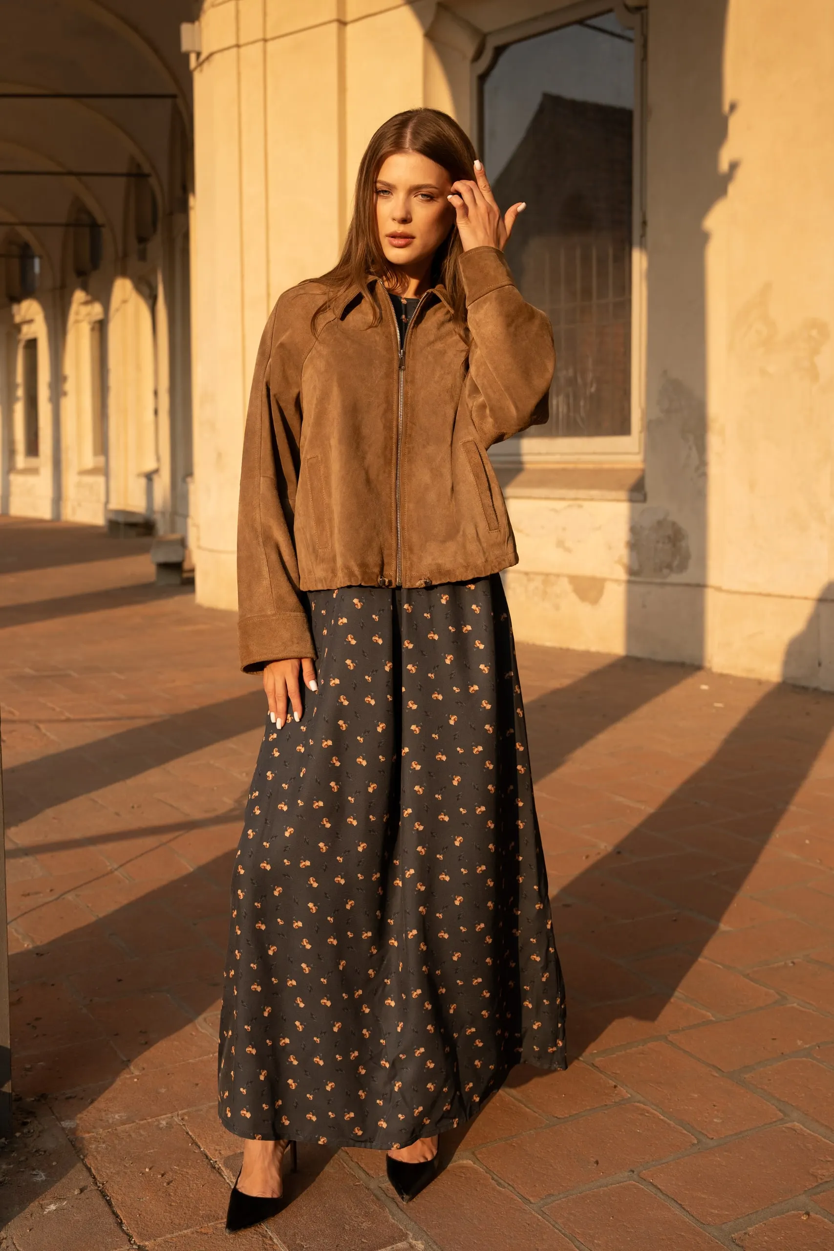 Atelier èmi — suede jacket and printed skirt