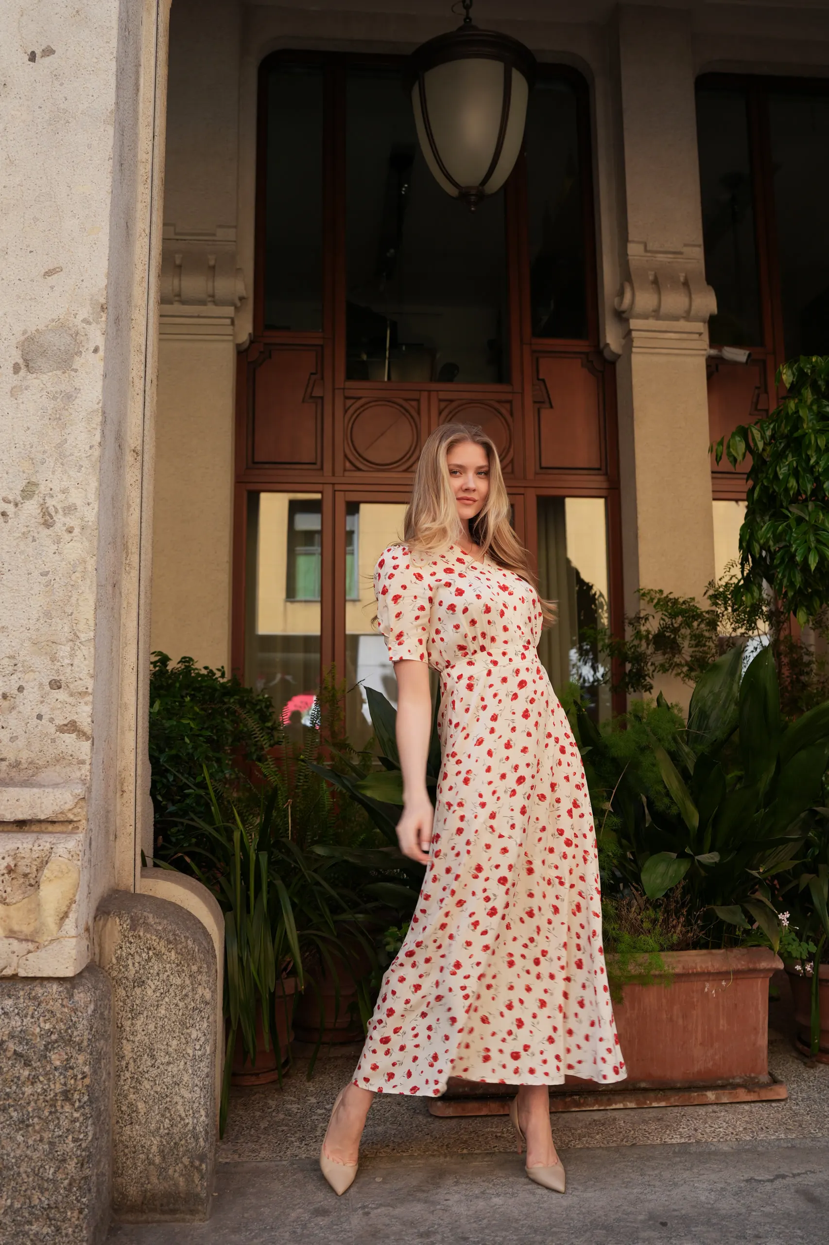 Atelier èmi — floral dress, portico