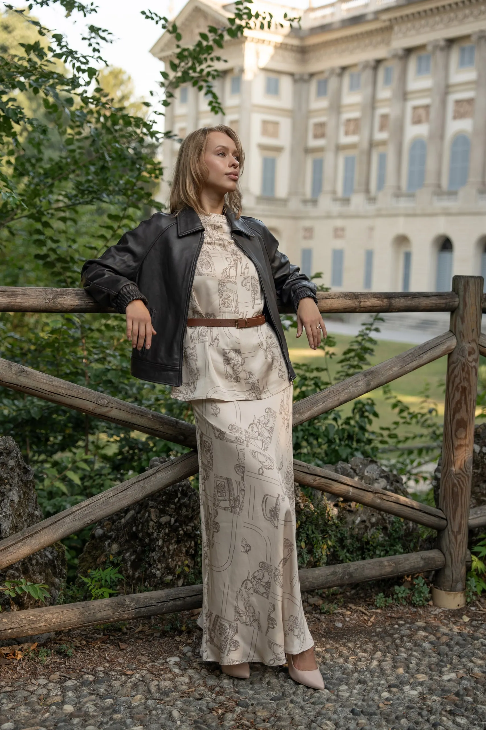 Clothé — cream set with leather jacket