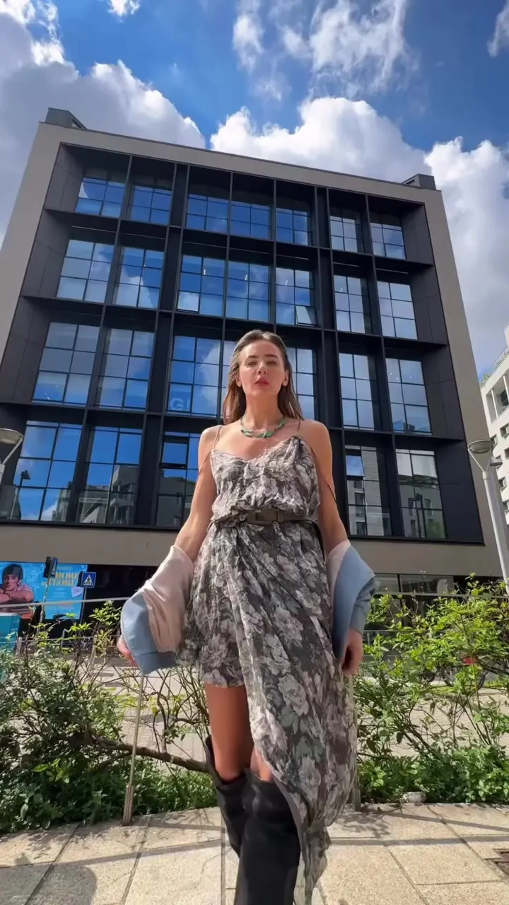 fashion reel in Milan — printed dress and denim jacket