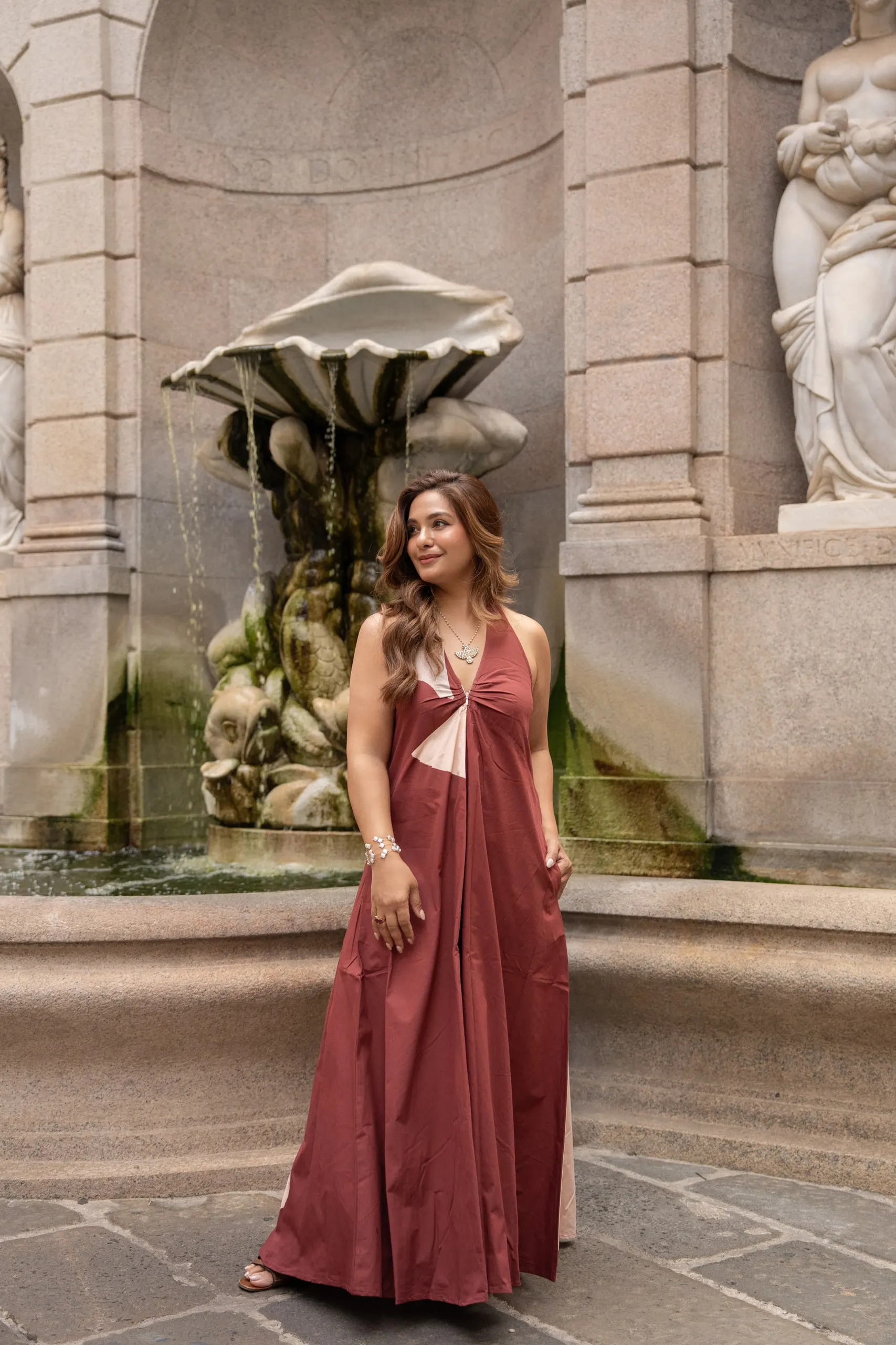 Megha Sehra — a shoot in Milan — by the fountain, full length