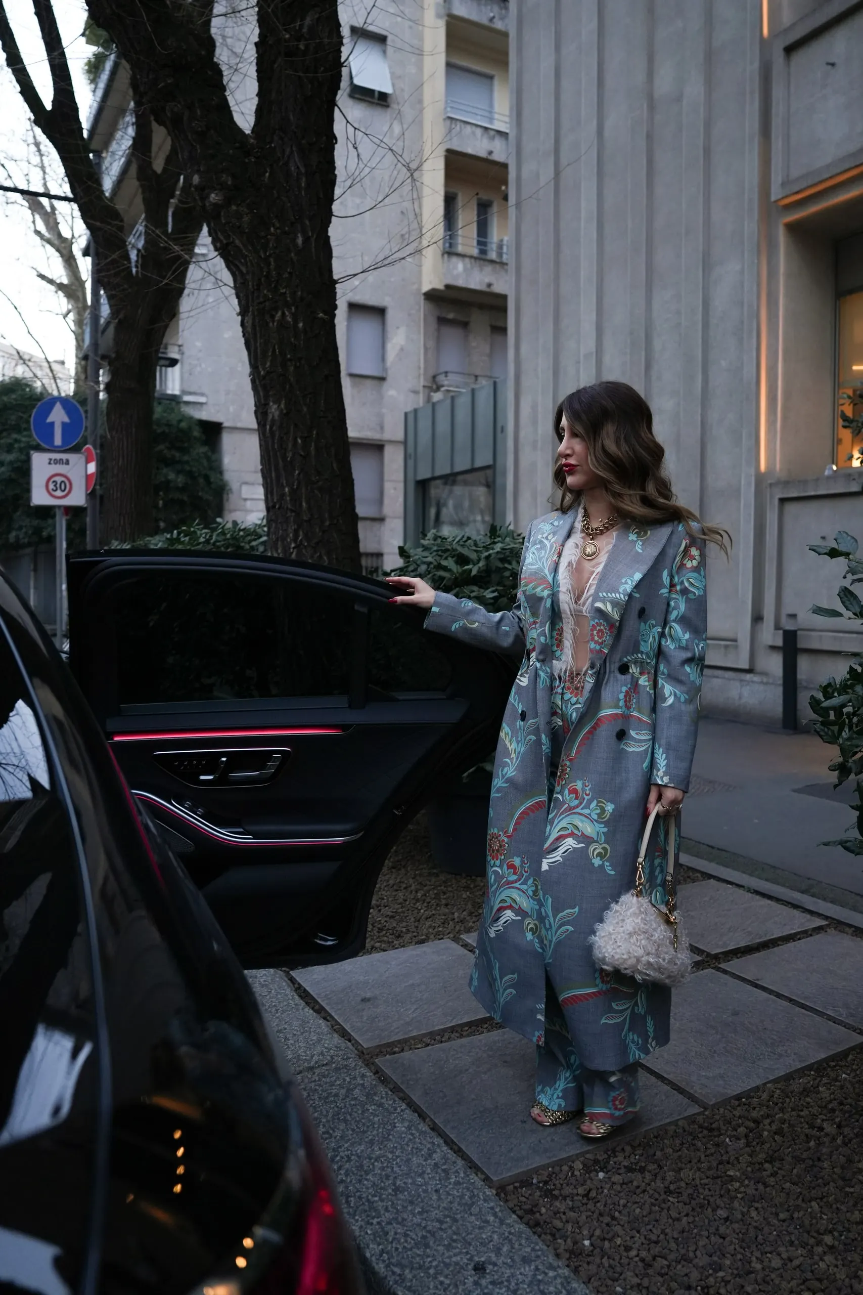 Tina Taymoor — Milan Fashion Week — by the car before the show
